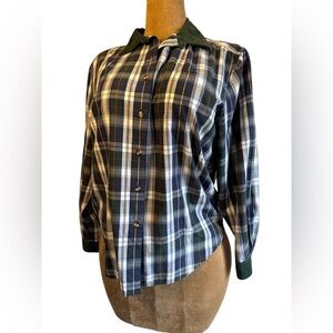 Baxter & Wells Blue, Red Plaid Button Up, Green Corduroy Collar Women’s Sz 14 XL
